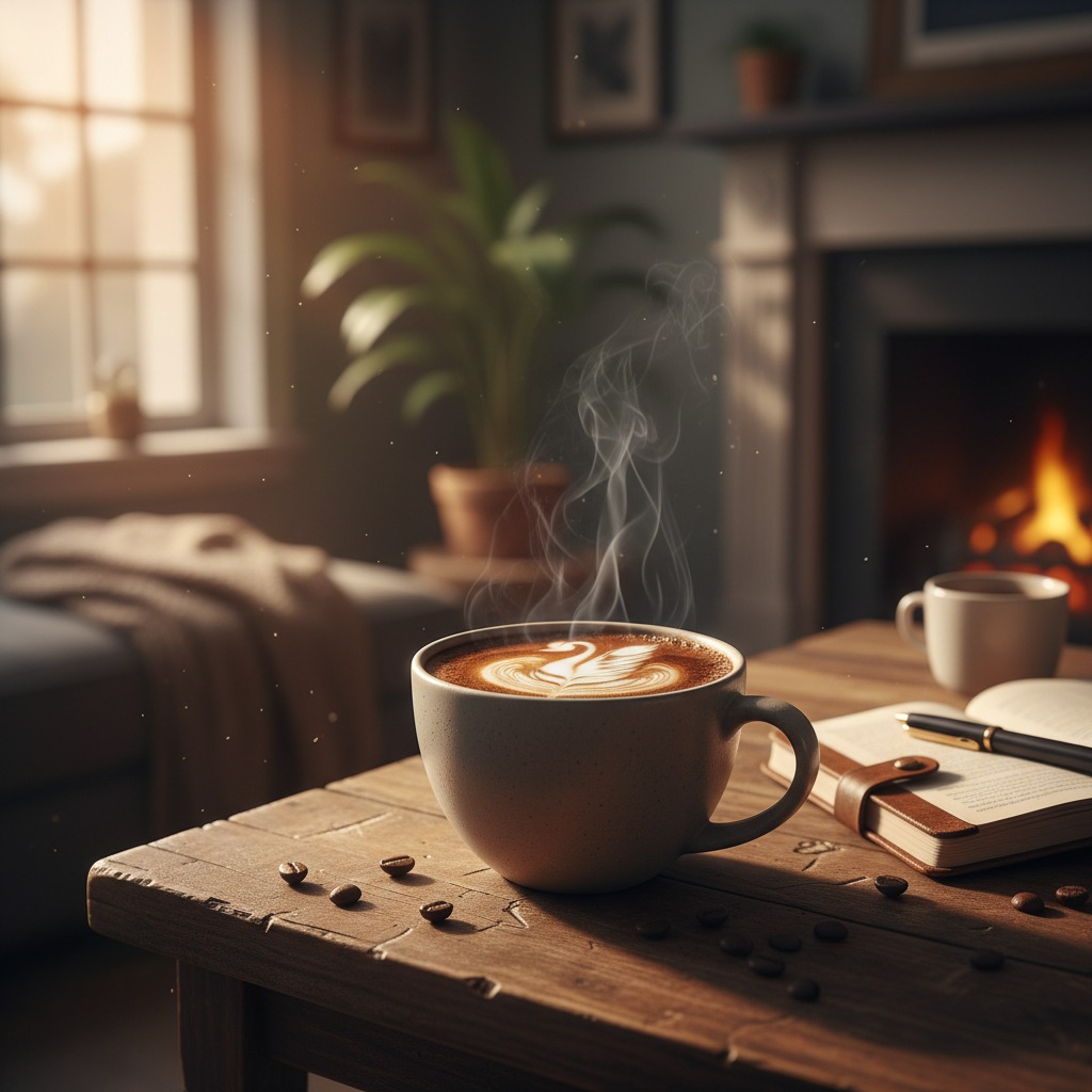Eine dampfende Tasse Cappuccino mit Latte-Art steht auf einem Holztisch, daneben ein aufgeschlagenes Notizbuch und Kaffeebohnen vor einem gemütlichen Wohnzimmer mit Kamin.