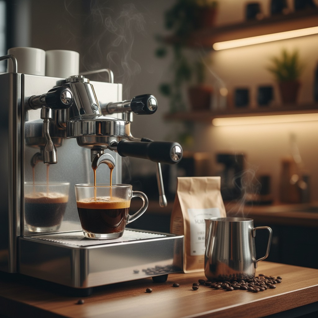 Eine Siebträgermaschine läuft, während frisch gebrühter Espresso in eine Tasse fließt.